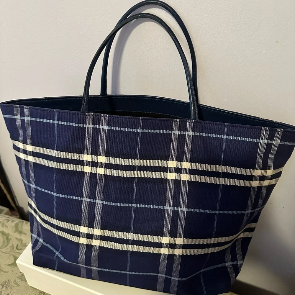 Burberry Navy and Cream Plaid Canvas Tote